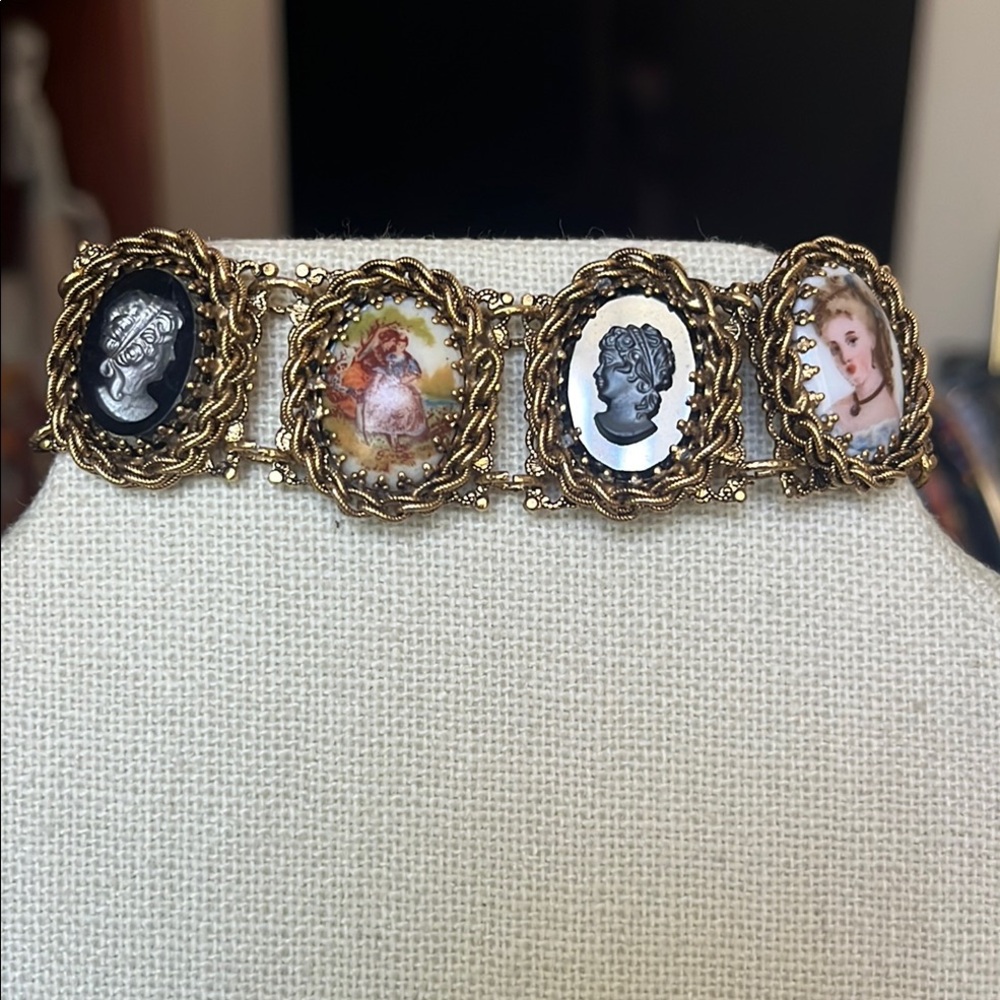 Vintage Gold and Black Filigree Cameo Bracelet